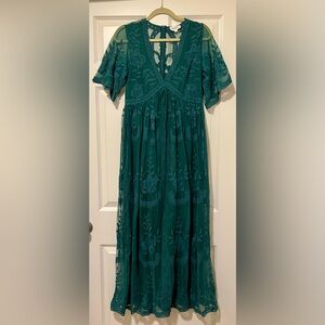 Emerald Green Embroidered Lace Maxi Dress